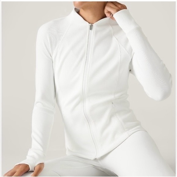 Athleta Jackets & Blazers - Athleta Womens White Ribbed Full Zip Mock Neck Salutation Jacket Thumbholes M